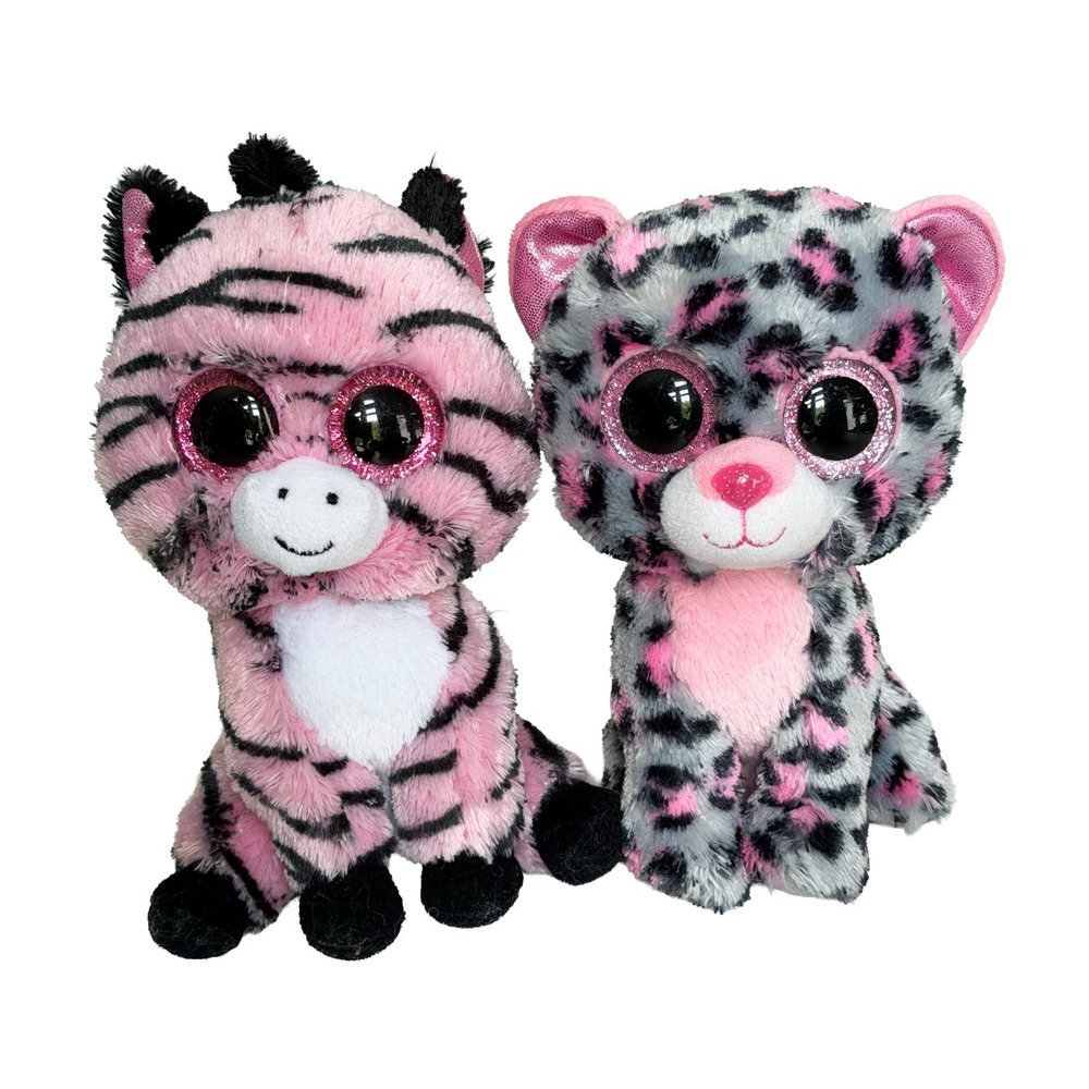 TY Beanie Boos Zoey Pink & Black Zebra 6.5" & Tasha Grey & Pink Leopard 6" Plush